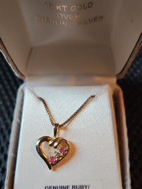 Heart Ruby Pendant Necklace in Gold Overlay - Genuine Ruby Accent